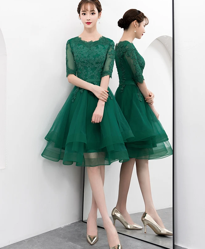 Charming Dark Green Tulle Knee Length Short Sleeves Party Dress Homecoming Dress   cg12151