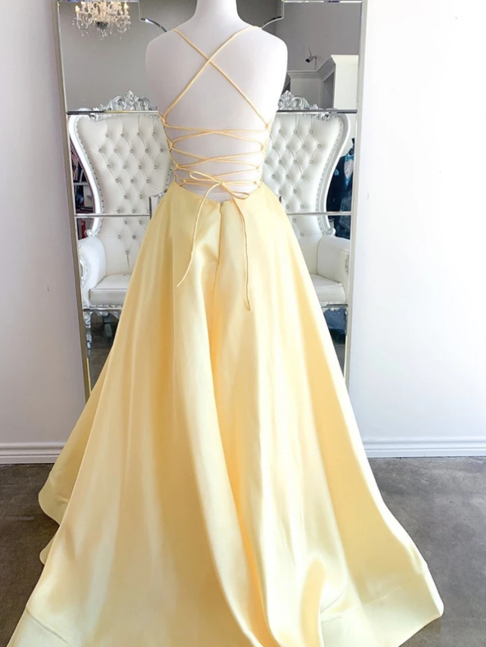 Yellow v neck satin long prom dress evening dress   cg12204