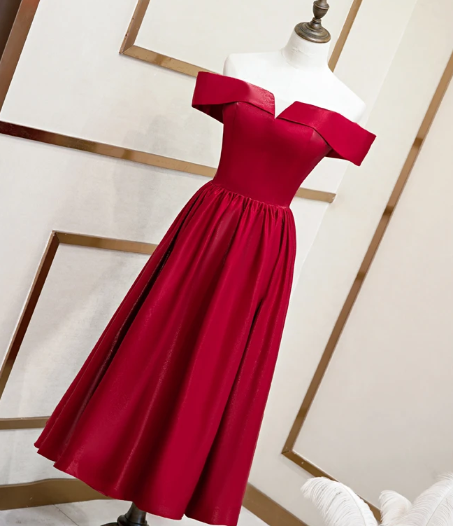 Beautiful Wine Red Tea Length Satin Bridesmaid Dress, Cute Short Prom Dress   cg12205