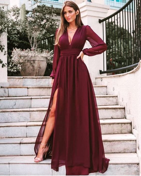 Burgundy Split Wedding Guest Dresses prom dress   cg12218