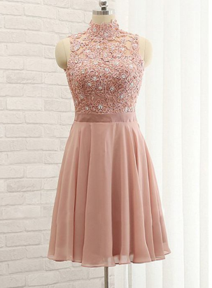A-line High Neck Short Dress Pink Lace Short Dresses Cheap Homecoming Dress cg1224