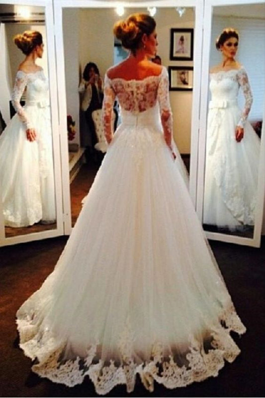 Long Sleeves Off-the-Shoulder Lace Wedding Dresses Bridal Gowns Prom Formal Evening Dress   cg12253