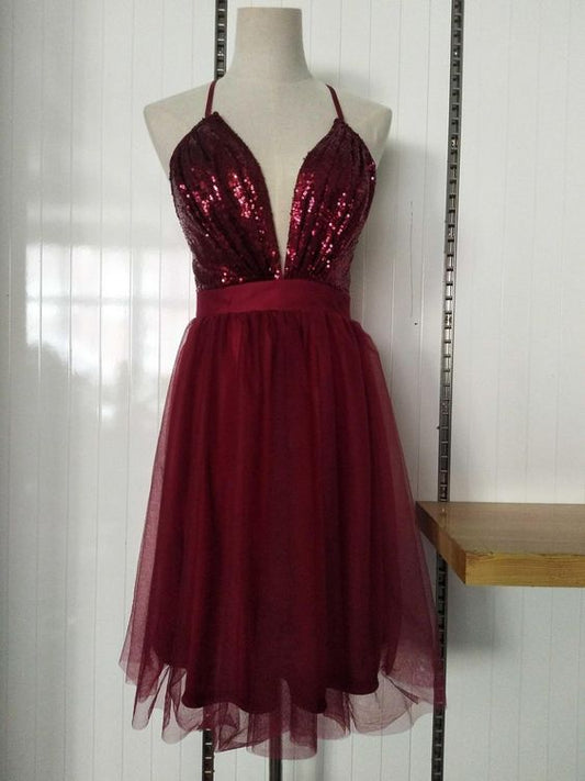 Dark Red Sequins Halter V-neckline Tulle Party Dress, Short Homecoming Dresses   cg12266