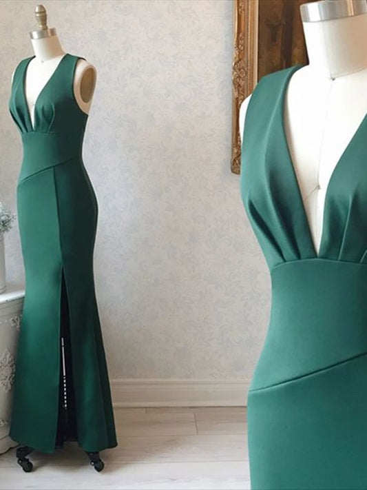 Mermaid V Neck Green Satin Long Prom Dresses, Green Mermaid Long Formal Evening Dresses   cg12301