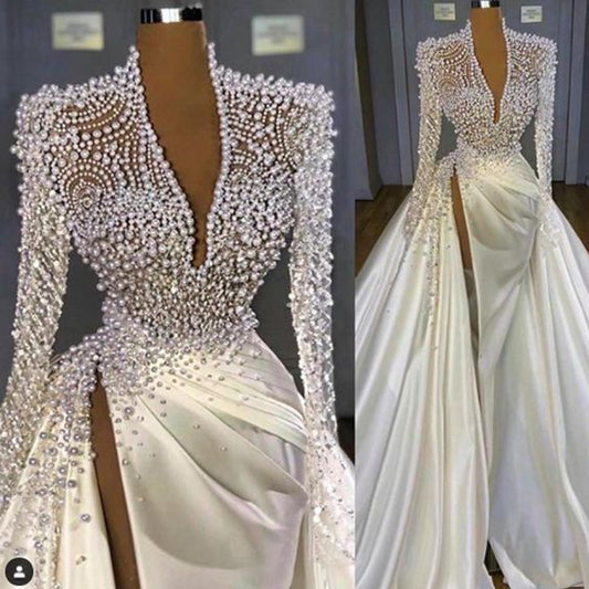 white prom dresses 2021 deep v neck long sleeve pearls long sleeve a line side slit pleats white long satin long evening dresses gowns   cg12324