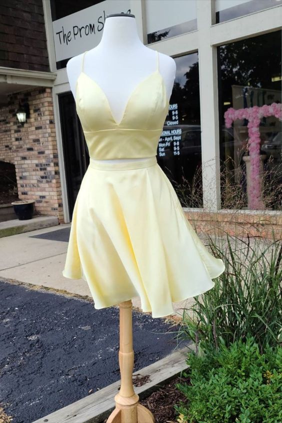 two piece short yellow homecoming dress with spaghetti straps   cg12343