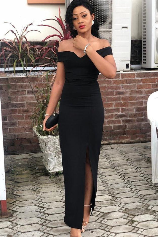 Off The Shoulder Sheath Black Floor Length Simple Casual Prom Dresses Party Dresses   cg12419