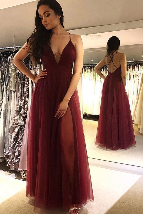 Deep V neck Burgundy Tulle Floor Length Prom Dress, Long Evening Dress    cg12433