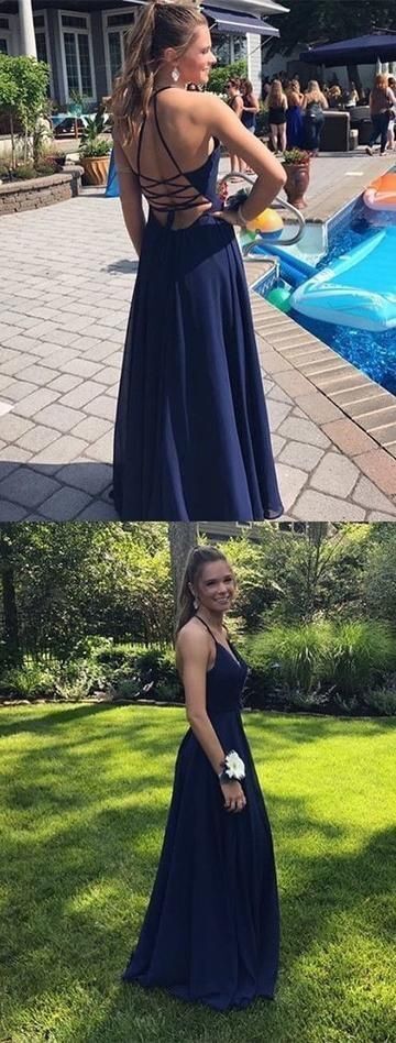 Sexy A Line Navy Long Prom Dress, Open Back Evening Dress   cg12440