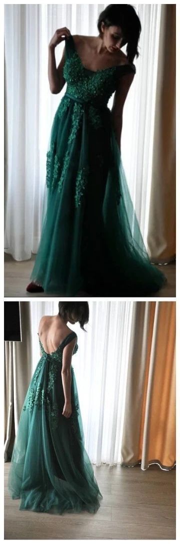 Off Shoulder A Line Green Appliques Prom Dress, Long Evening Dress   cg12441