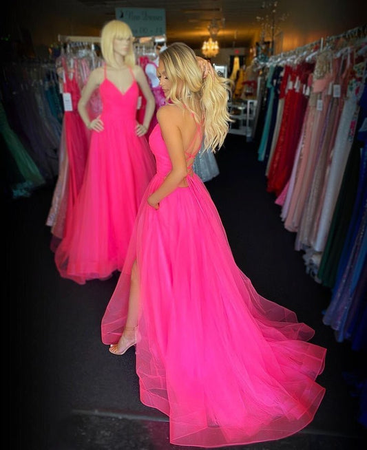 Spaghetti Straps Tulle A-Line Evening Prom Dress Pink Simple vestidos de festa longo Formal Party Dress Side Split    cg12444