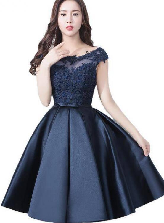 Beautiful Navy Blue Satin And Lace Knee Length Homecoming Dress   cg12453