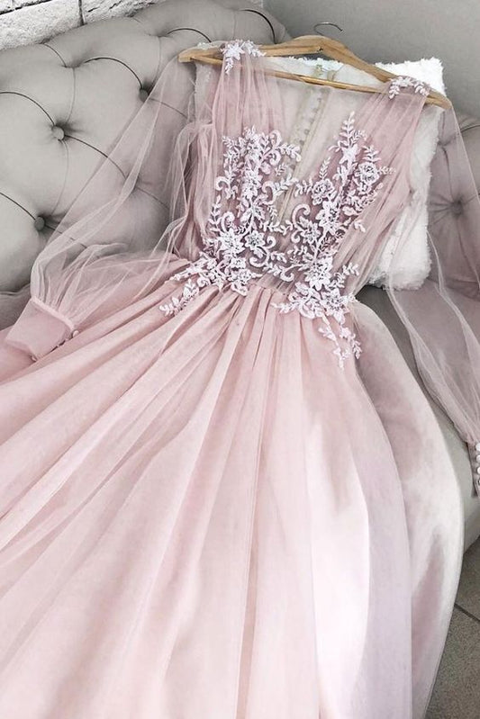 Pink v neck tulle long prom dress, pink tulle evening dress cg1246