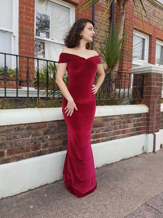 Dark red Velvet off the Shoulder evening  Prom Dress    cg12483