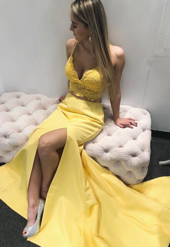 two piece yellow long prom dress, 2019 mermaid prom dress with side slit, princess prom dress, formal evening dress cg1250