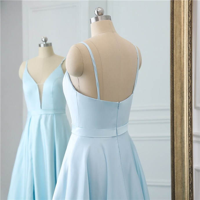 Sexy A Line V Neck Backless Satin Elegant Prom Dresses Spaghetti Strap Zipper Backless Floor Length Prom Dress   cg12503