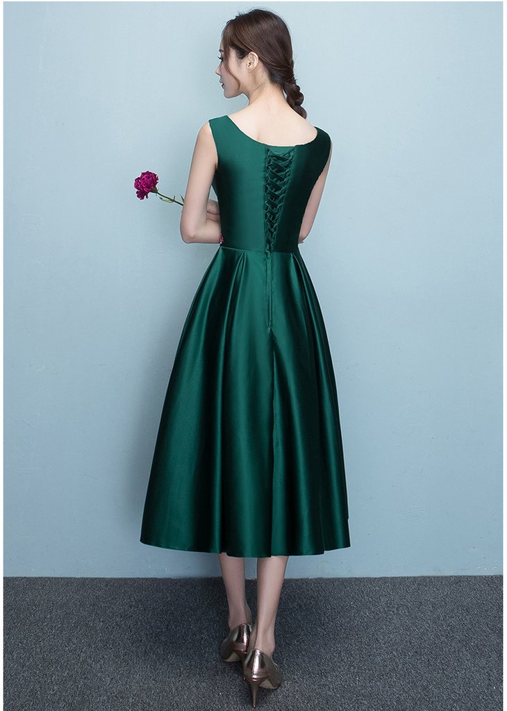 Dark Green Tea Length Bridesmaid Dress, Green Satin Prom Dress   cg12523