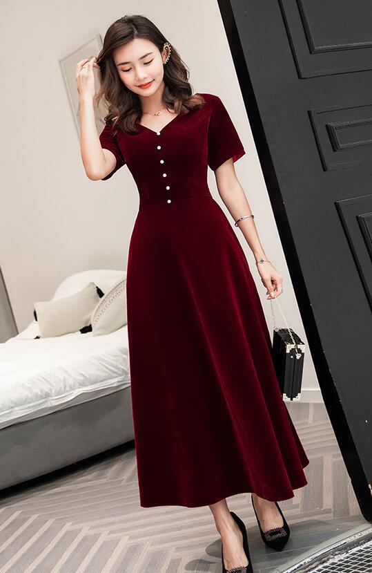 Wine Red Tea Length Short Sleeves Vintage Style Party Dress, Velvet Bridesmaid Dress Prom Dress   cg12524
