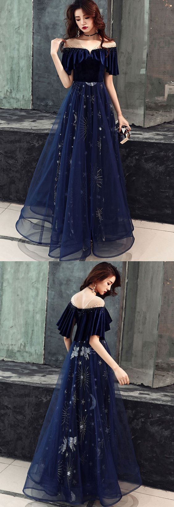 Dark blue tulle lace long prom dress, blue evening dress cg1255