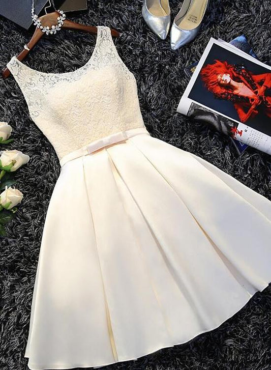 Ivory Satin Lace Round Neckline Knee Length Party Dress Homecoming Dresses cg12555