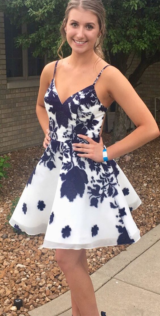 short homecoming dresses, white homecoming dresses with navy blue appliques cg1256