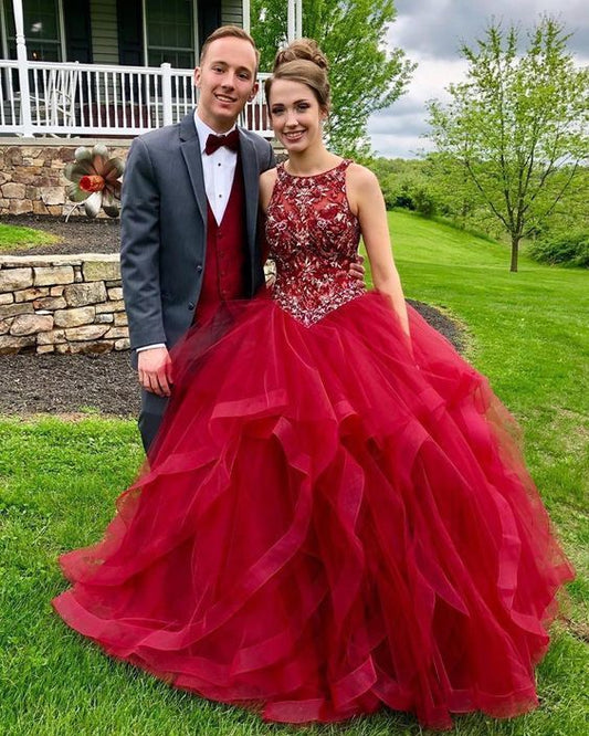 Red Prom Dress,O-Neck Wedding Dresses,Beading Prom Dresses,Tulle Prom Gown   cg12591