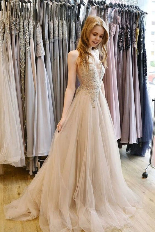 Light Champagne Tulle Lace Beaded V Neck Long Pageant Prom Dress    cg12599