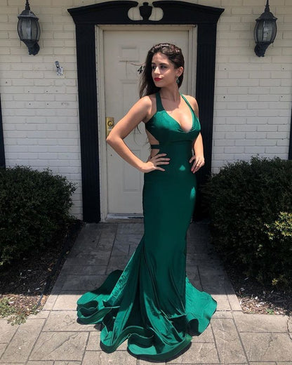 Sexy Mermaid V Neck Green Long Prom/Evening Dresses with Backless   cg12604