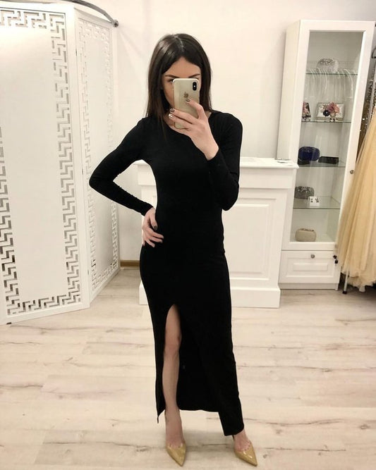 Sheath Long Sleeves Split Black Sexy Prom Dresses, Formal Evening Dresses   cg12624