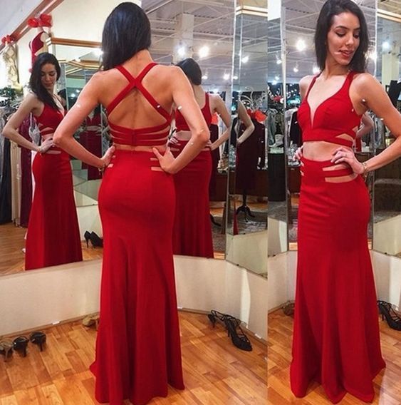 Two Piece Prom Dress,Red Prom Dresses,Long Evening Dress   cg12660