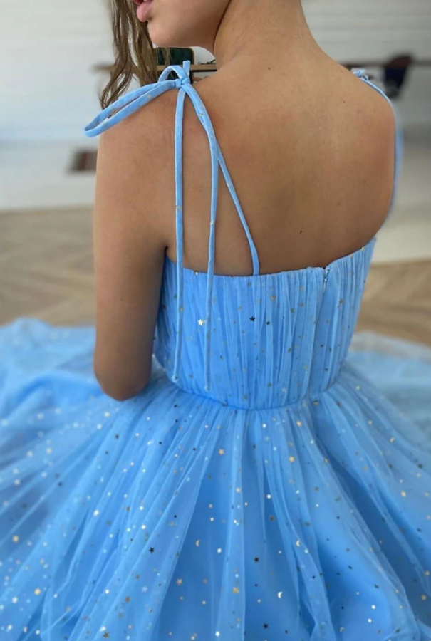 BLUE SWEETHEART TULLE TEA LENGTH PROM DRESS BLUE TULLE FORMAL DRESS    cg12696