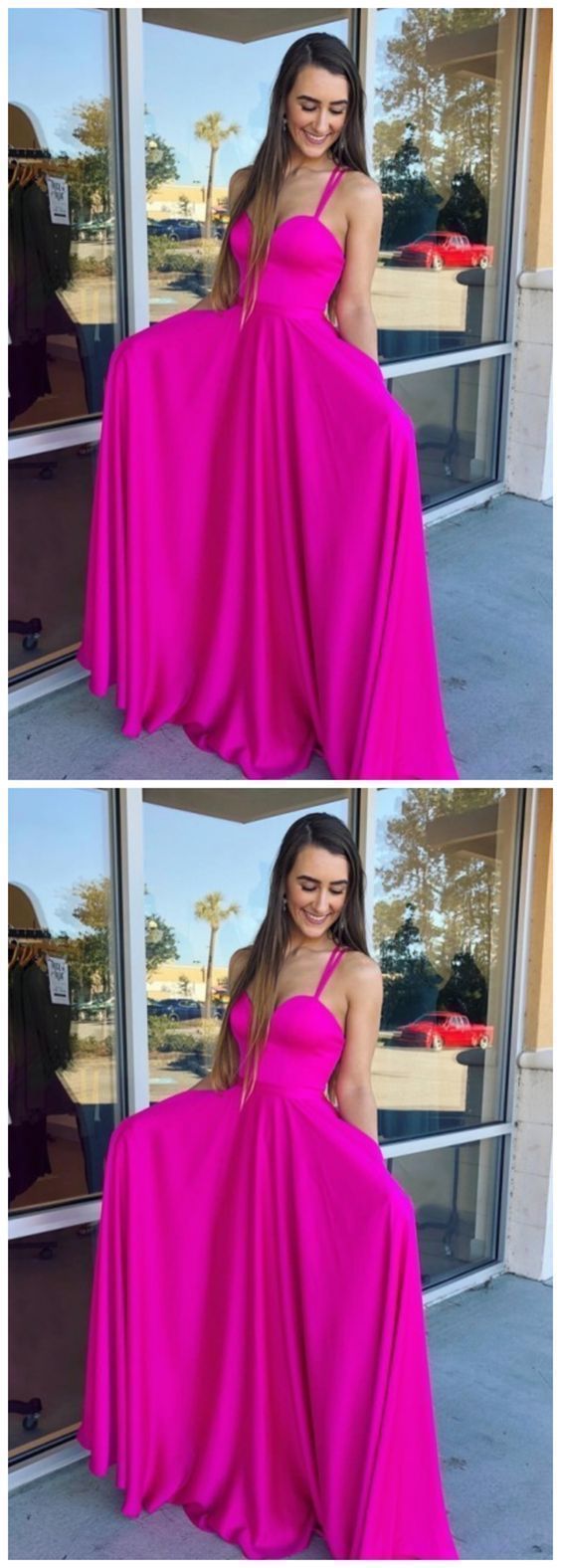 A-Line Spaghetti Straps Floor-Length Fuchsia Prom Dress with Pockets  cg12709