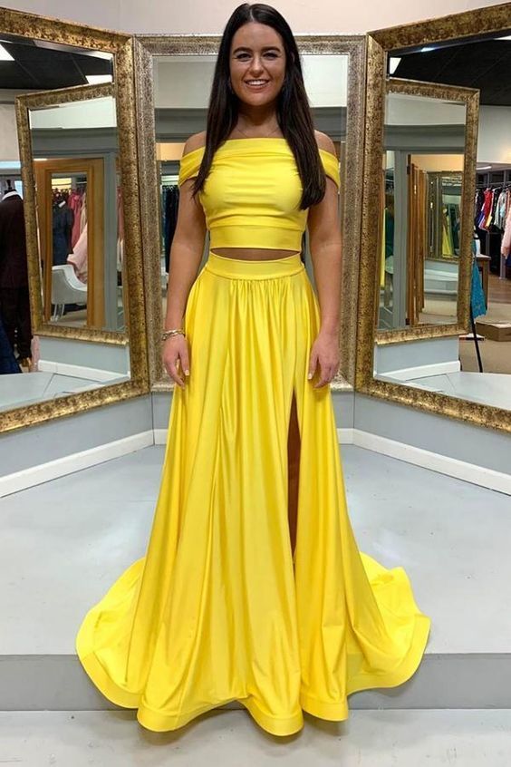 Simple yellow satin two pieces long prom dress yellow formal dress    cg12777