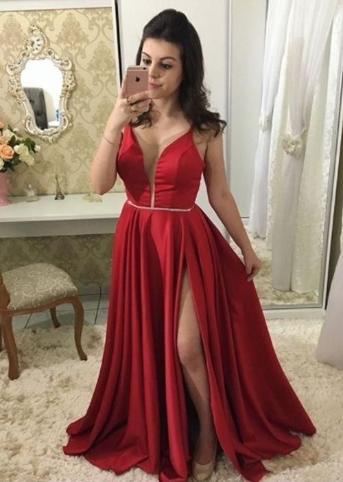 Cheap Princess/A-Line Satin Red Sweetheart Side Slit Prom Dresses   cg12781