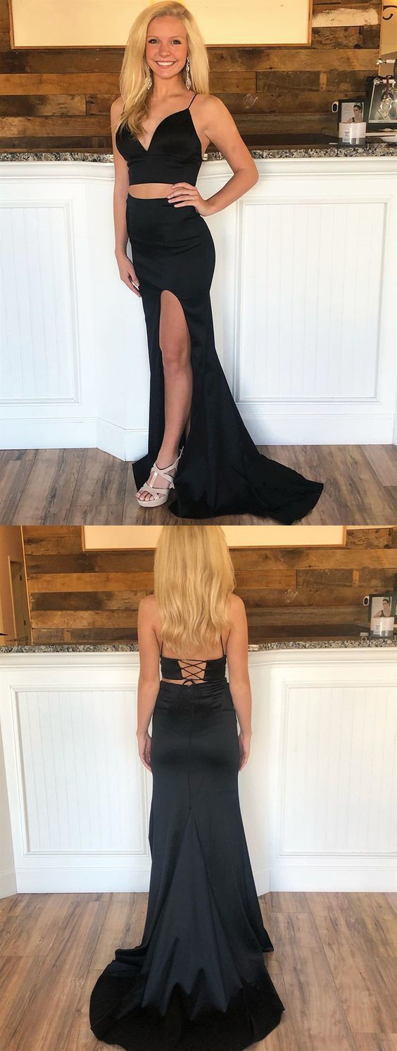 A Line V Neck 2 Pieces Black Prom Dresses   cg12789