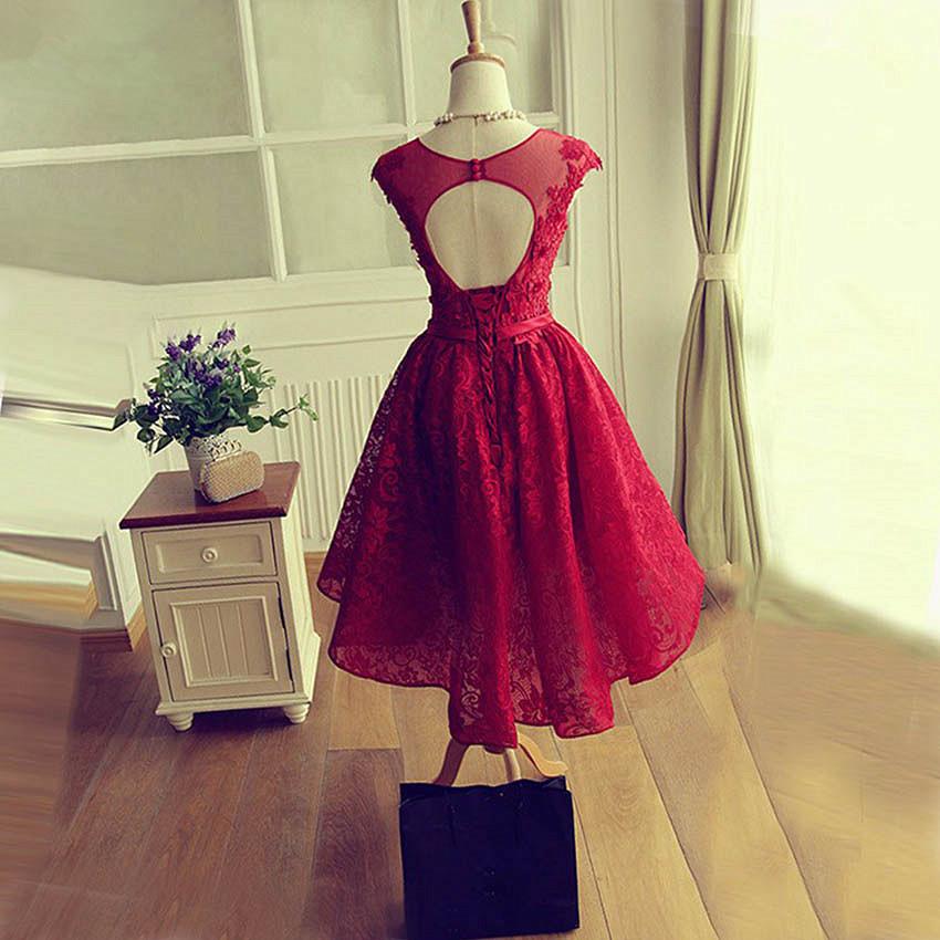 Fashionable Wine Red Lace High Low Party Dress, Lace Homecoming Dress   cg12803