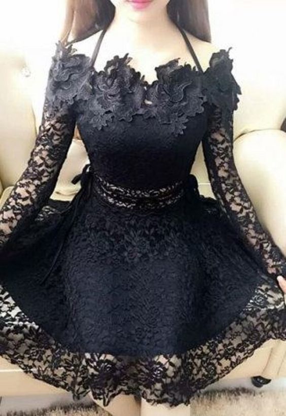 Sexy Black Lace Halter Long Sleeves Short Homecoming Dress  cg1283