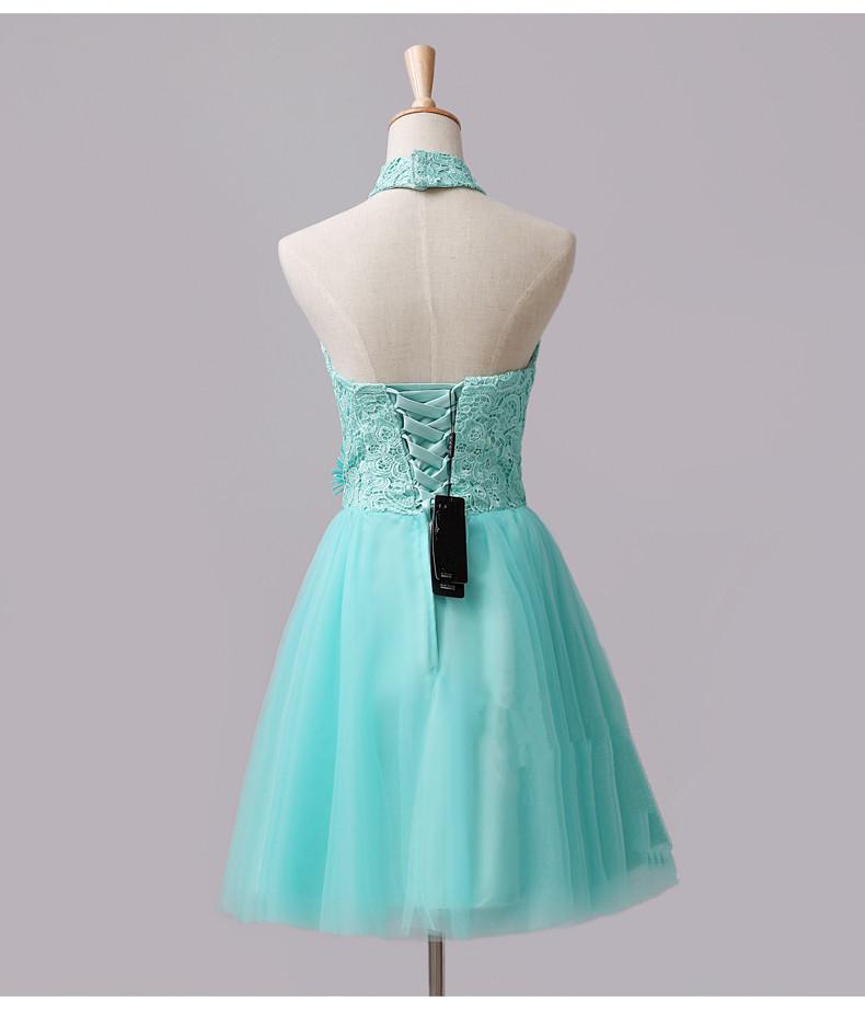 Cute Mint Halter Lace Flowers Homecoming Dresses   cg12833