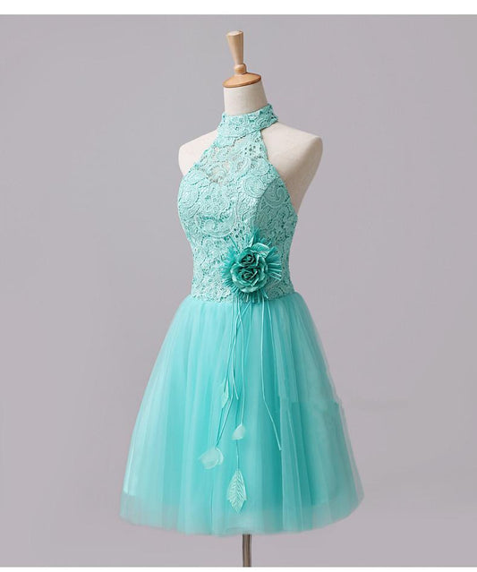 Cute Mint Halter Lace Flowers Homecoming Dresses   cg12833