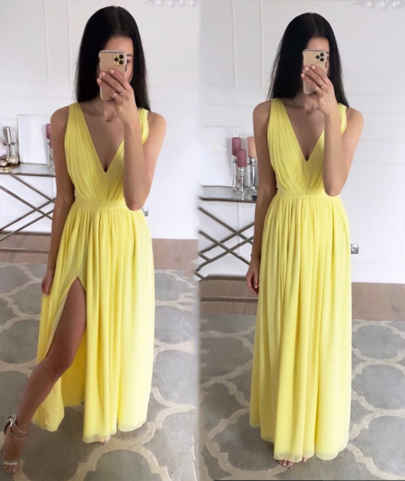 YELLOW CHIFFON LONG PROM DRESS SIMPLE EVENING DRESS   cg12840