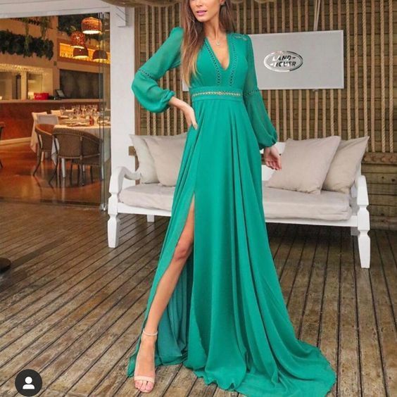 deep v neck long sleeve side slit a line chiffon floor length prom dress   cg12847