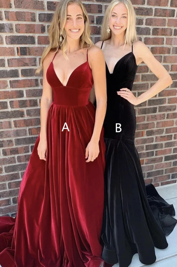 V Neck Burgundy Velvet Long Prom Dress, Mermaid Black Velvet Long Prom Dress, Formal Evening Dress   cg12853