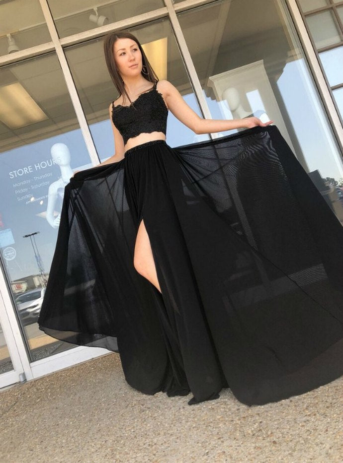 Black Two Piece Chiffon Spaghetti Straps Appliques Prom Dress    cg12890