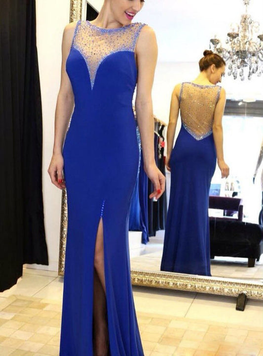 Impressive Sparkly Beaded Sheer Back Royal Blue Mermaid Evening Dresses Prom Dresses   cg12914