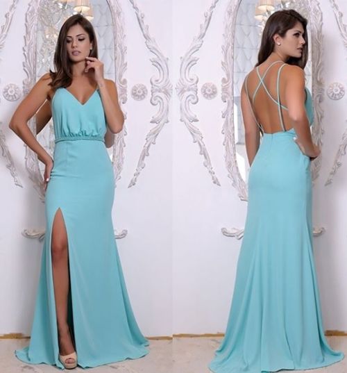 Ice Blue V Neck Formal Evening Gown Long Prom Dress   cg12951