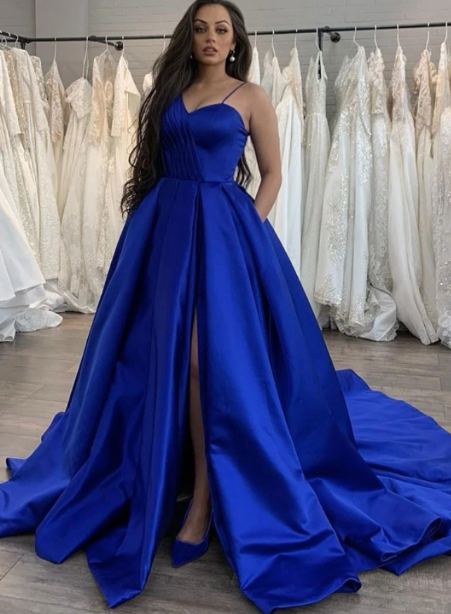 Simple blue satin long prom dress blue evening dress    cg12965