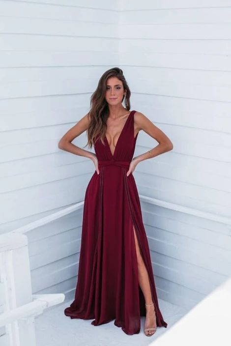 Deep v neck long prom dress with split     cg13003