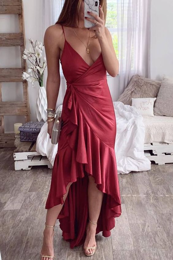 Spaghetti Straps Wrap Tied Sexy High Low Mermaid  Prom Dress    cg13011