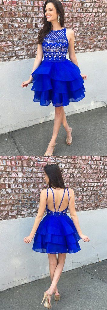 Cute Organza Skirt Royal Blue A-line Lace Top Short Homecoming Dresses cg1305