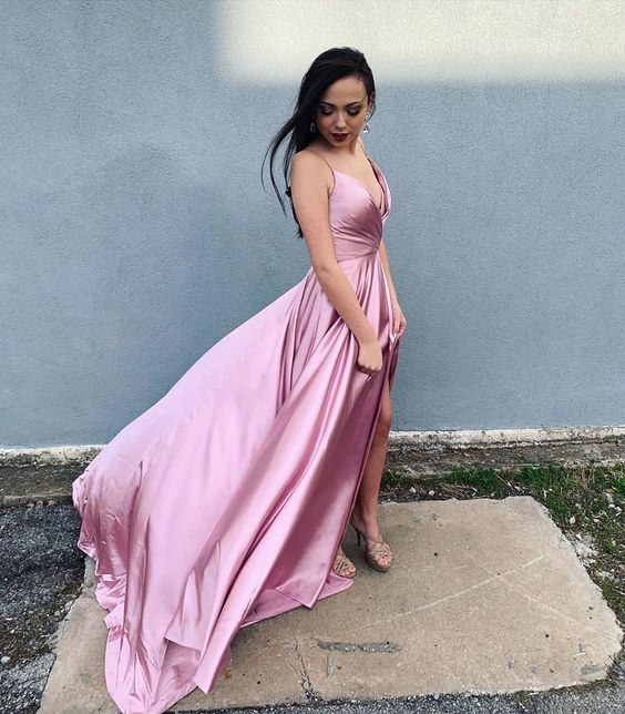 Elegant Straps A-Line Pink Long Prom Dress with Slit   cg13051